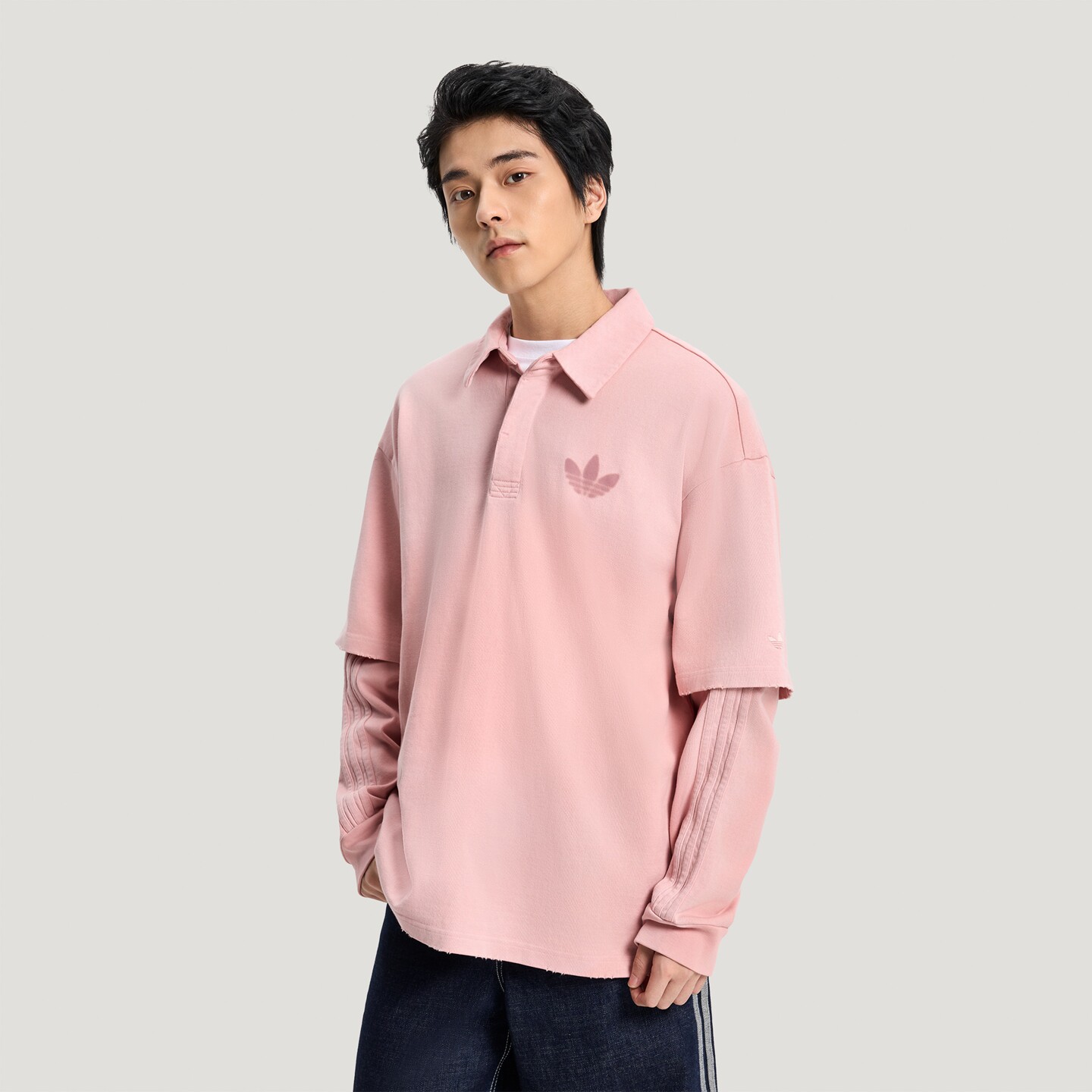 阿迪达斯三叶草男子假两件运动宽松长袖POLO衫KR5054|KR5053