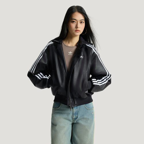 阿迪达斯三叶草女子保暖运动连帽棉服仿皮外套KU6857|KU6858