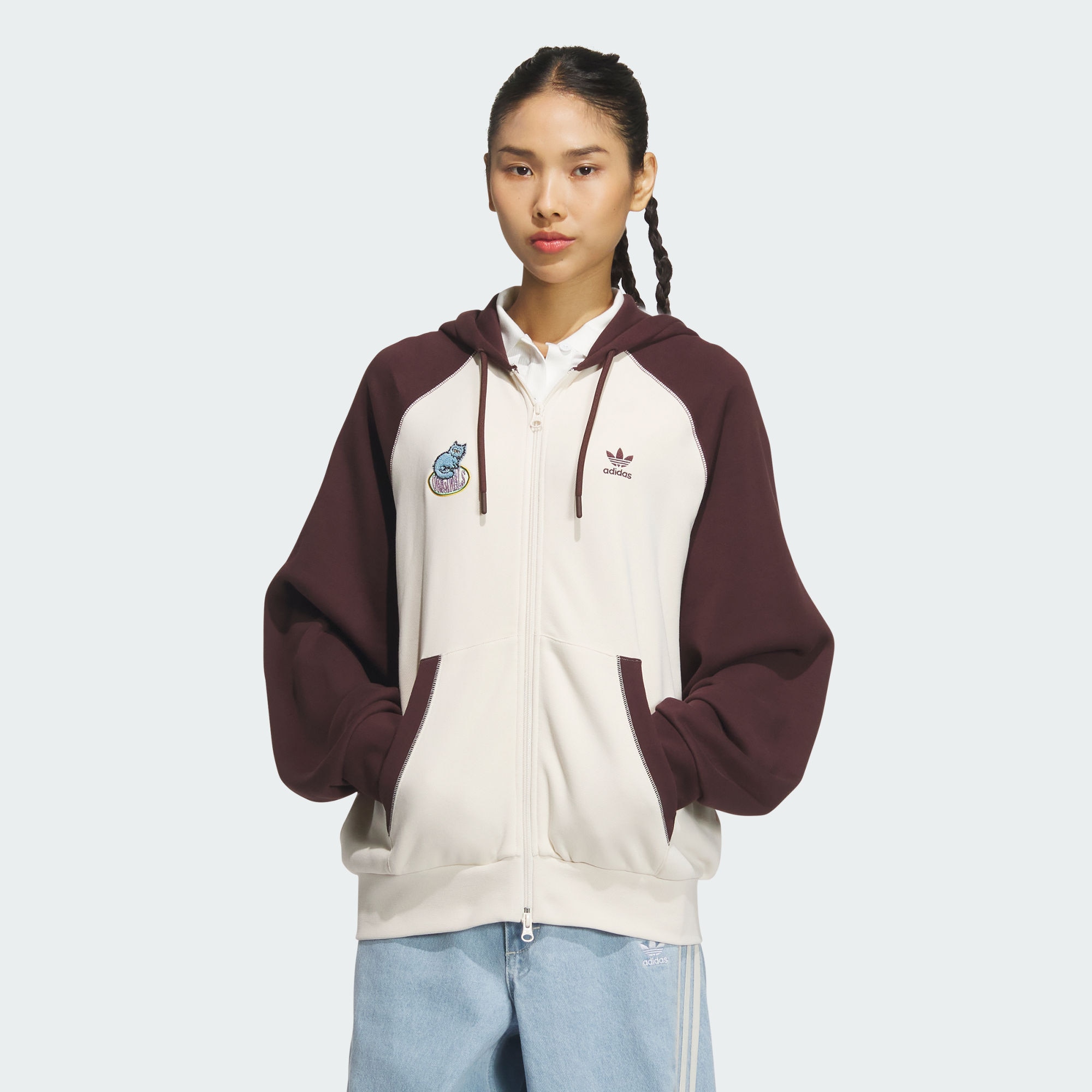 阿迪达斯三叶草女子街头风撞色运动连帽夹克外套