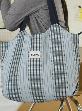 sobag夏天日系多巴胺蓝色格子帆布单肩包女休闲大容量通勤托特包