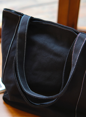 sobag日系大容量ulzzang包女韩版复古拉链帆布包女黑色单肩托特包