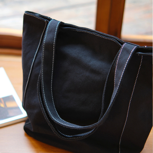 sobag日系大容量ulzzang包女韩版 复古拉链帆布包女黑色单肩托特包