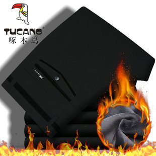 子免烫长裤 啄木鸟男士 中年商务直筒宽松男裤 男冬季 加绒加厚休闲裤