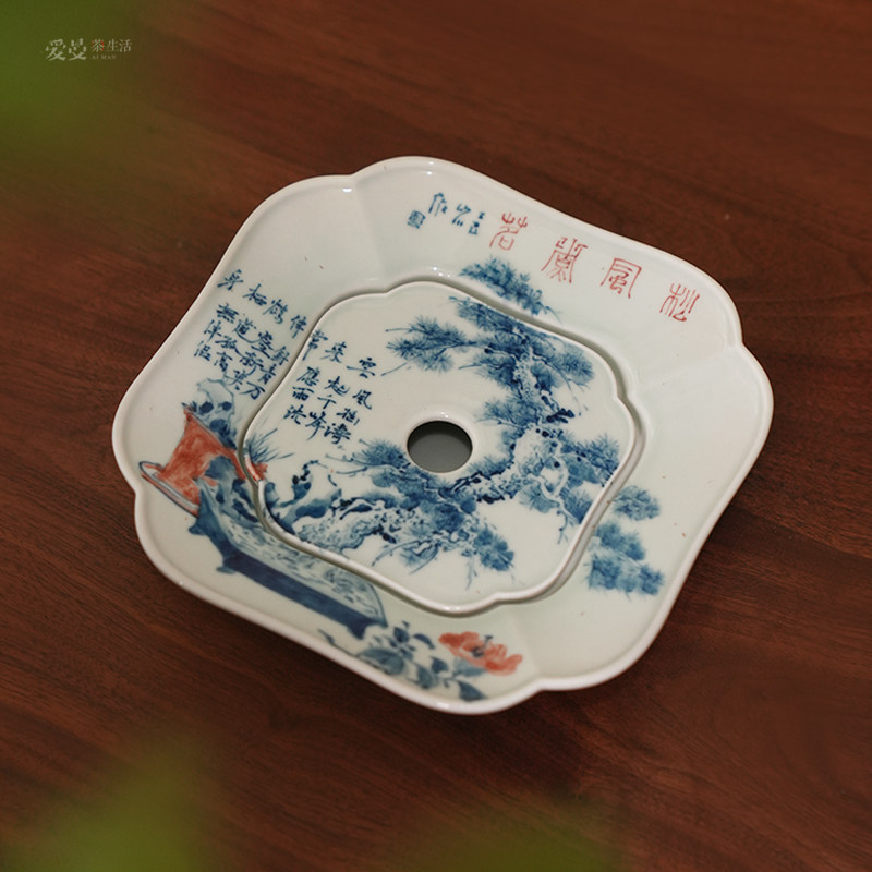 爱曼茶生活山川文人瓷绘纯手绘青花花卉壶承仿古承盘干泡台景德镇