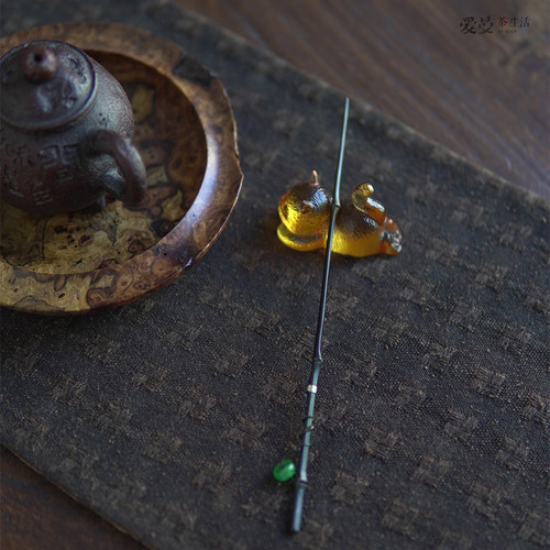 爱曼茶生活   手作竹节茶拨 黄铜自然氧化做旧翡翠绿玉髓茶道配件