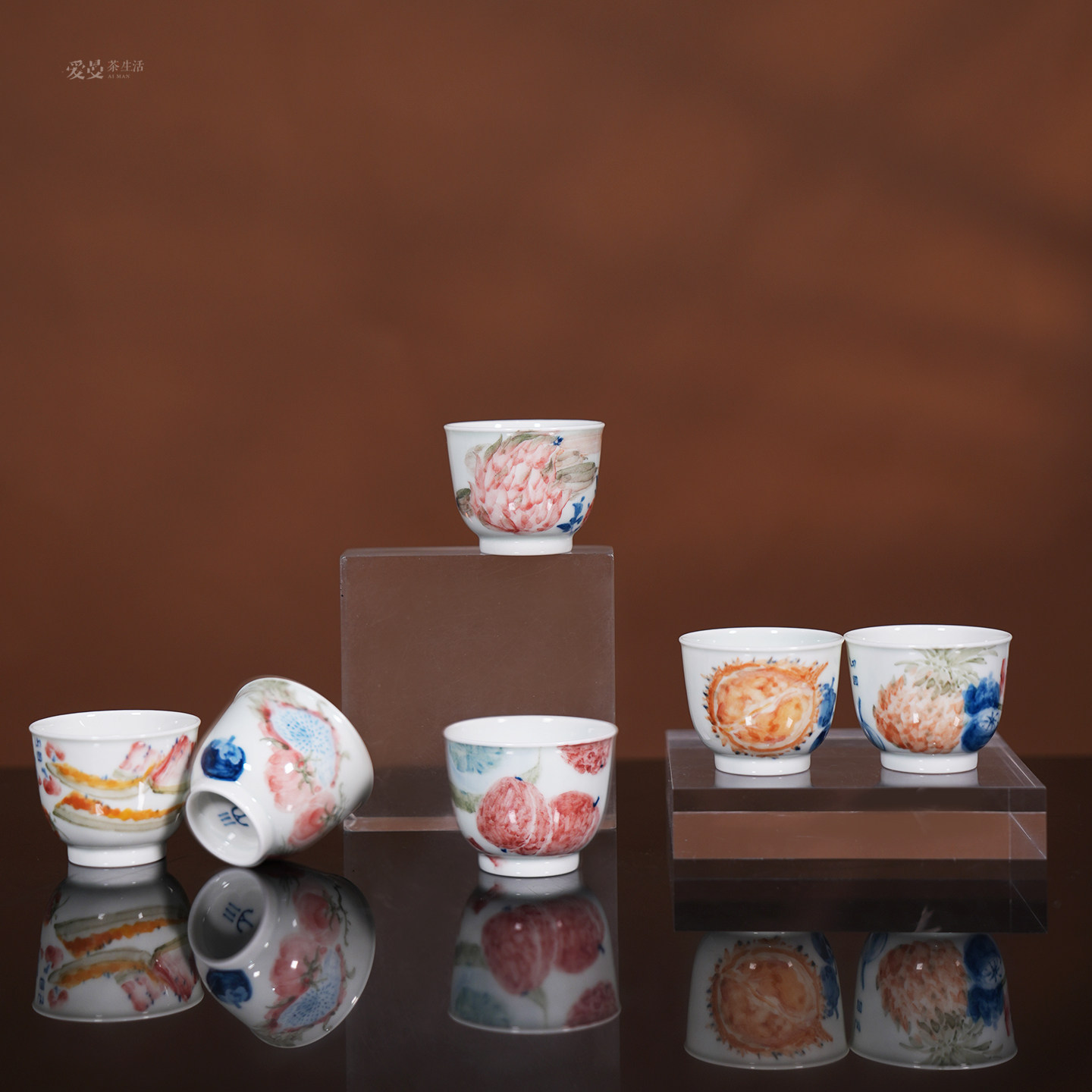 爱曼茶生活山川绘瓷手绘青花花卉品杯中式文人画陶瓷主人杯景德镇