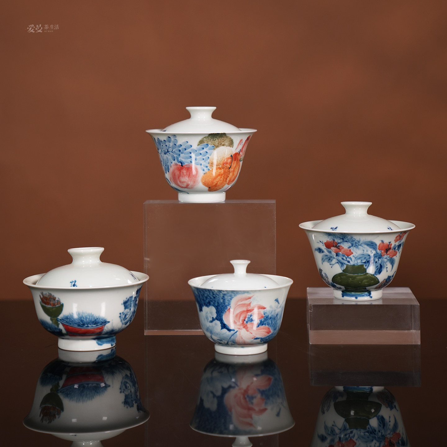 爱曼茶生活/山川绘瓷手绘青花清供图盖碗文人画清雅花卉景德镇