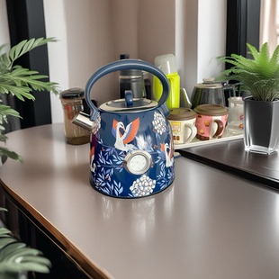 品高1.7L大容量304不锈钢复古鹤印花电热水壶烧水蓝 外贸工厂