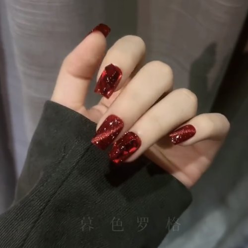 美甲贴片 指甲贴片 手工定制成品甲片酒红色猫眼镶钻中款穿戴甲