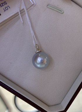 无调色蓝血澳白吊坠12-13mm高亮泽正圆微瑕18k金镶嵌海水珍珠