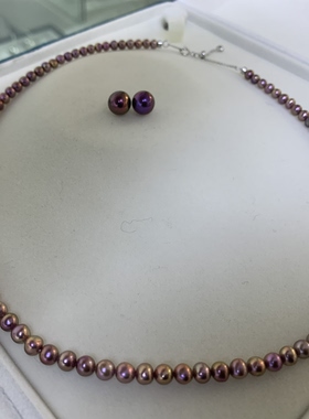 孤品一套天然色耳钉项链套装淡水珍珠纯银耳钉项链