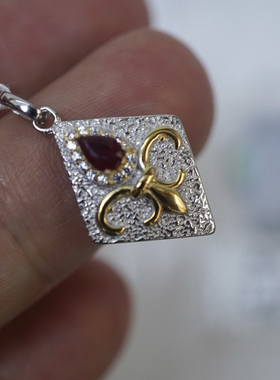 红宝纯银吊坠挂件S925手作吊坠送闺蜜送礼物送女友女款复古风格