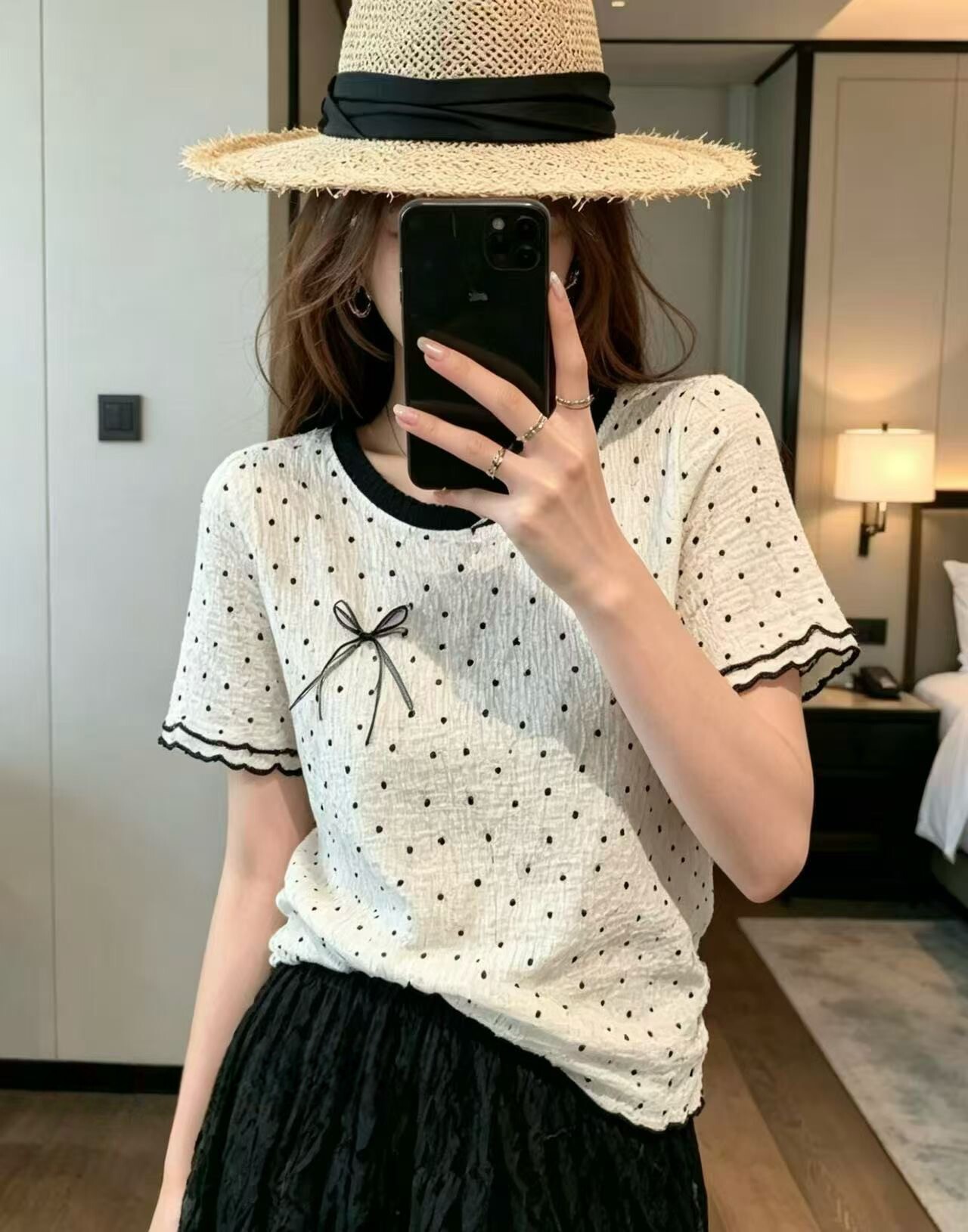 KSD2026夏新女装韩版圆领蝴蝶结少女风波点蕾丝短袖T恤衫大码上衣