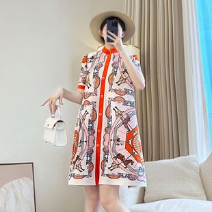 海边度假风弹簧宽松褶皱印花裙 气质连衣裙妈妈夏装 新款 短袖 大码