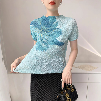 夏季新款高端设计感印花修身显瘦百搭短袖褶皱薄款T恤上衣女