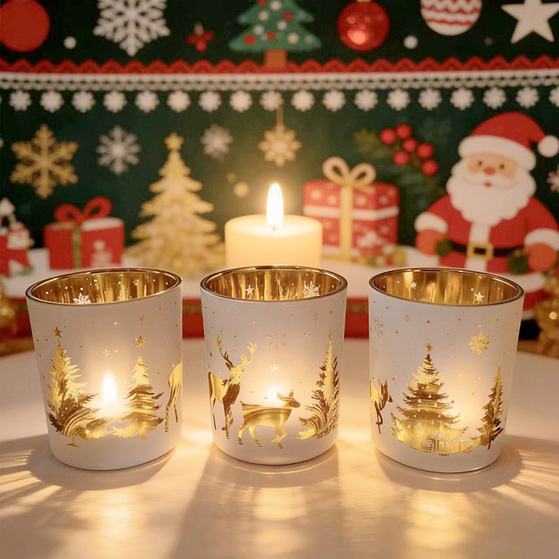 DIY香薰玻璃蜡烛杯圣诞款节日款 玻璃小花瓶节庆摆件道具灯盏套装