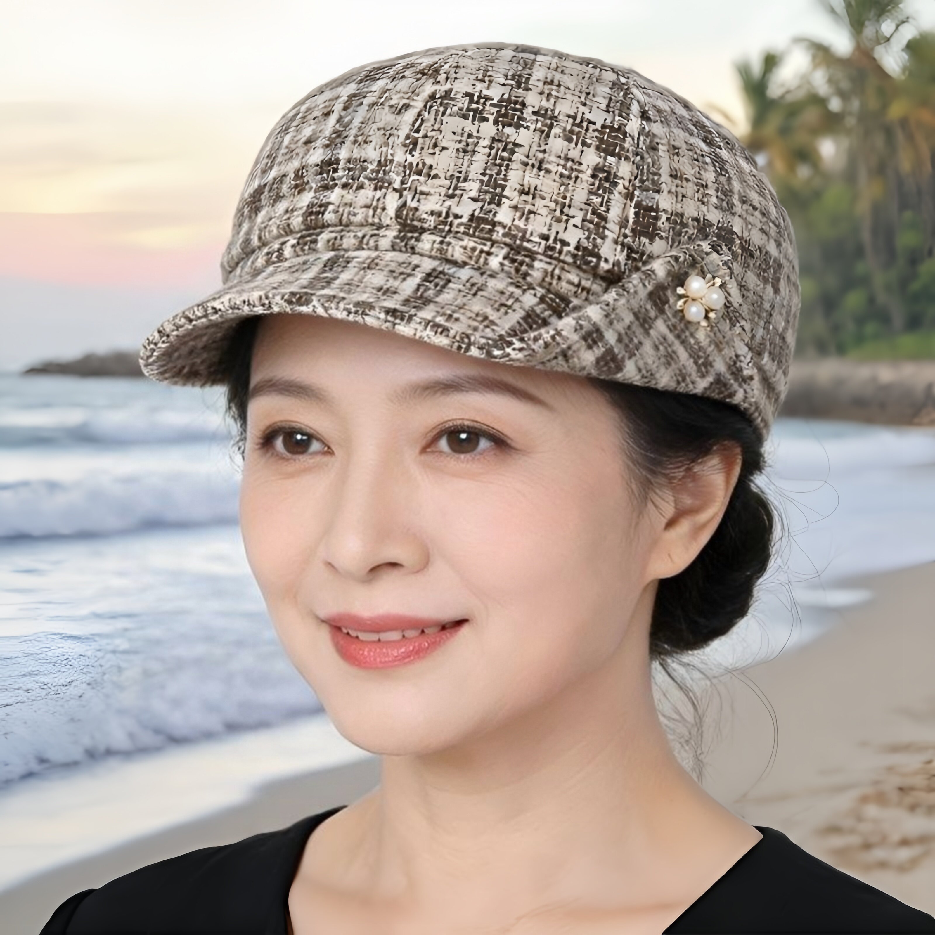 中老年女帽秋冬保暖格子帽灰格雅韵短檐鸭舌帽妈妈复古优雅小礼帽