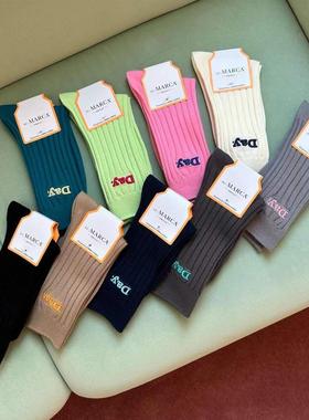 秋冬女士时装袜子潮糖果色刺绣字母坑条粗螺纹运动MARCA韩国进口