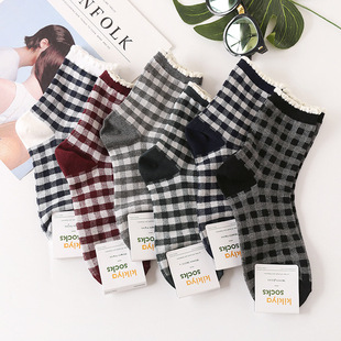 kikiya韩国东大门代购 英伦格子花边休闲日系森女长筒袜中筒袜子