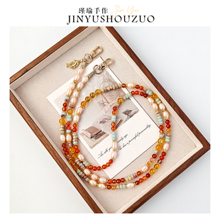 天然珍珠斜挎链手机长挂绳可背黄水晶长链手链挂脖绳包包高级挂绳