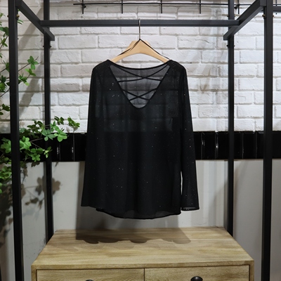 MRER莫乂义 春季新款系带休闲V领亮片长袖上衣R5A21363专柜正品