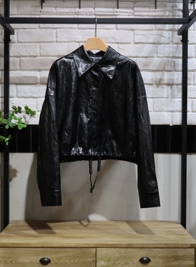 MRER莫乂义 春季新款翻领下摆抽绳短款PU皮外套R5C31433专柜正品