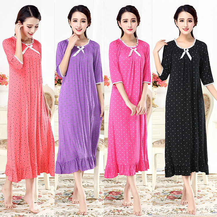 春夏秋季女士纯棉中袖长款睡裙莫代尔宫廷公主碎花宽松加大码孕妇