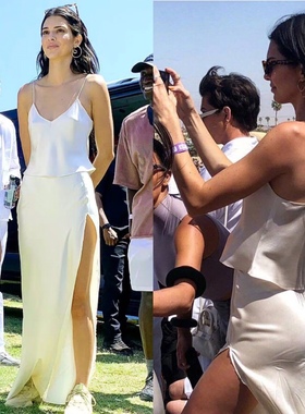 Kendall Gigi同款白色醋酸吊带衫+开衩裙子半身裙时尚套装2025