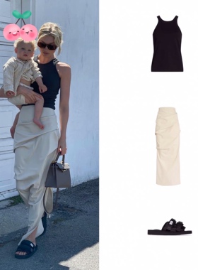 Elsa Hosk同款黑色棉背心褶皱开叉长裙直筒包臀不规则半身裙女夏