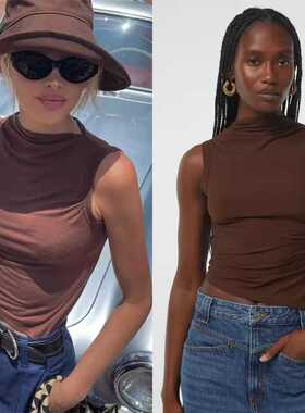 Elsa Hosk同款百搭咖啡色褶皱无袖上衣背心紧身显身材女人味上衣