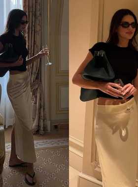 Kendall肯豆同款香槟色醋酸后开衩直筒半身裙2025春夏新款铅笔裙