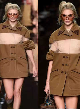 kendall乔欣同款驼色亮光牛仔拼接白色欧根纱2025爆款风衣外套女