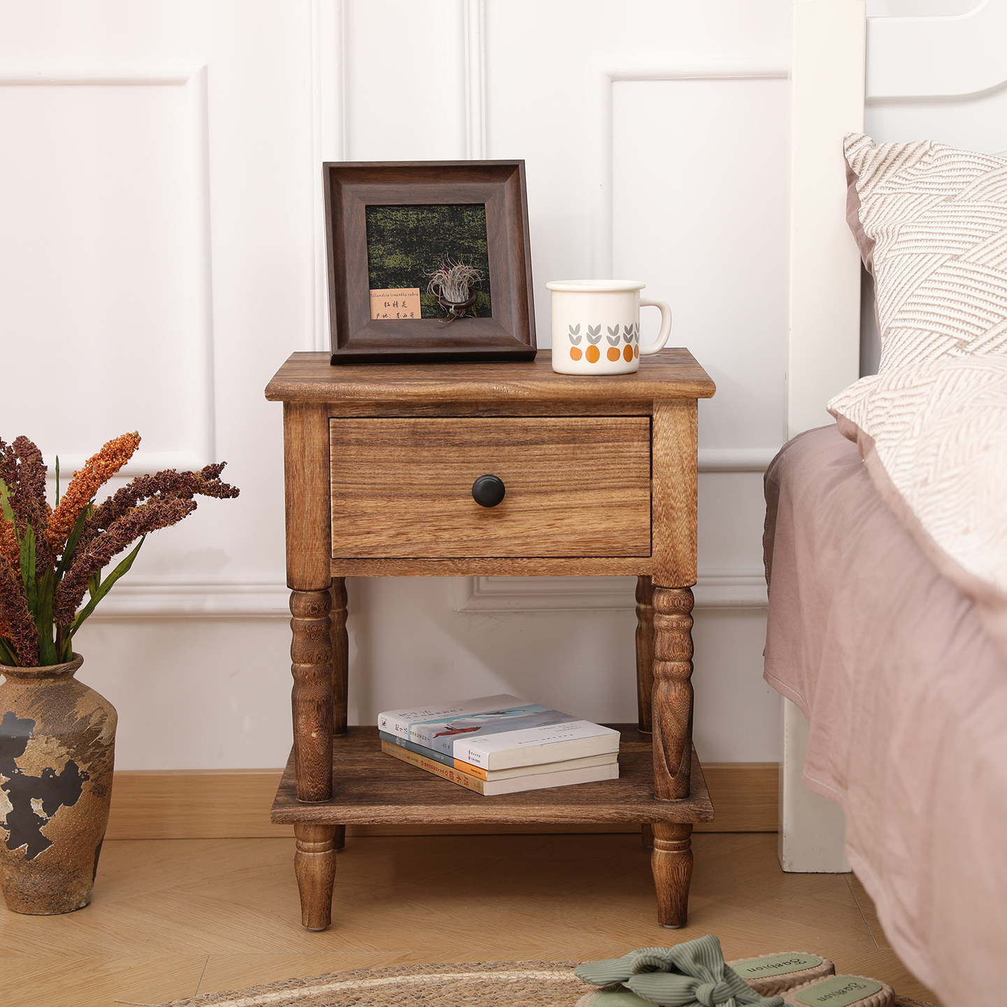 北美实木床头柜客厅边几复古风收纳柜落地置物架小型斗柜卧室柜子