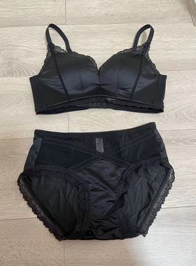韩国EBLIN黑色经典时尚蕾丝边光面无钢圈舒适性感修身女内衣套装
