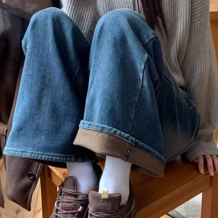 韩国货正品25冬加绒PI2松紧高腰宽松显瘦直筒裤长款复古牛仔裤674