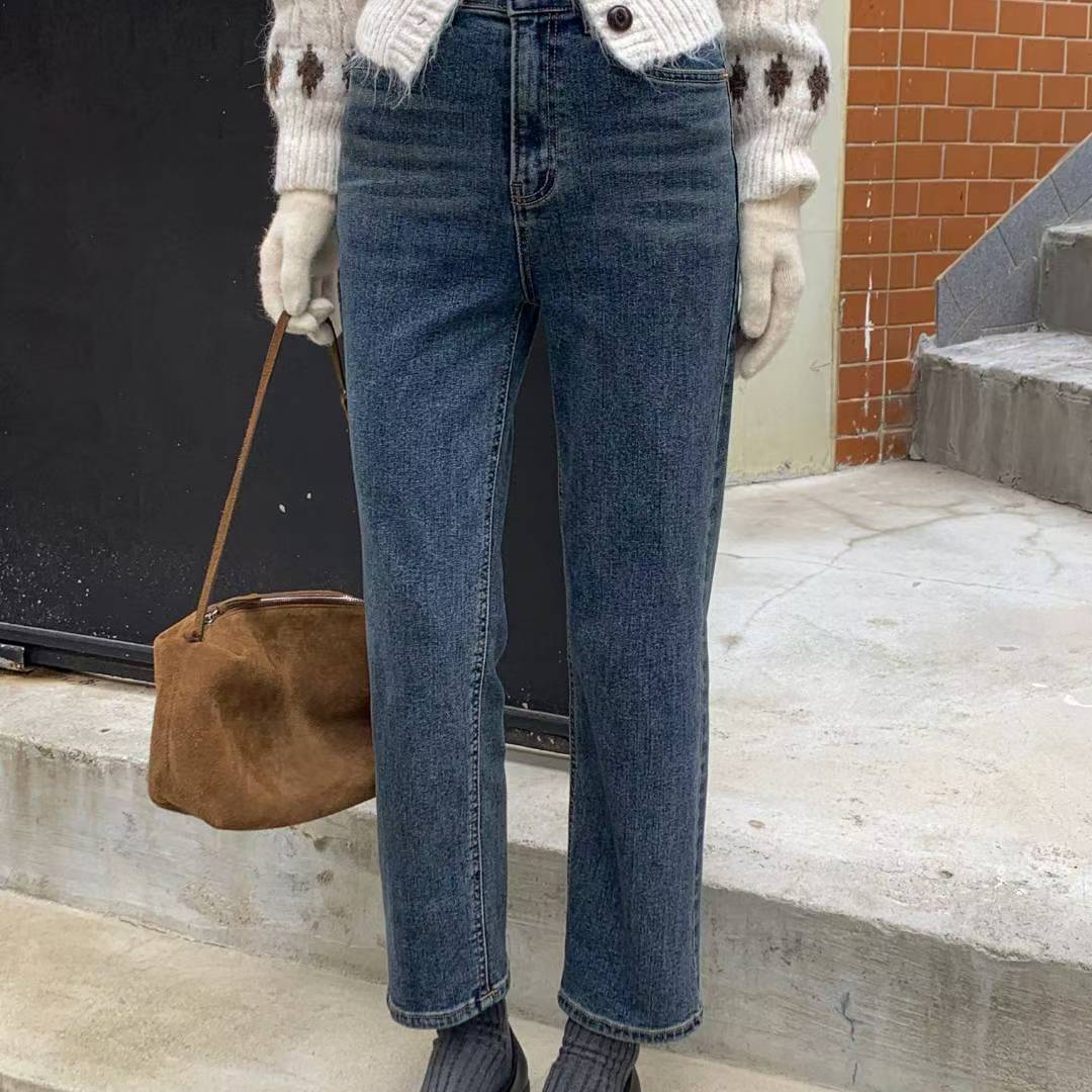 韩国东大门25冬加绒PI2正品松紧高腰显瘦九分小直筒烟管牛仔裤675