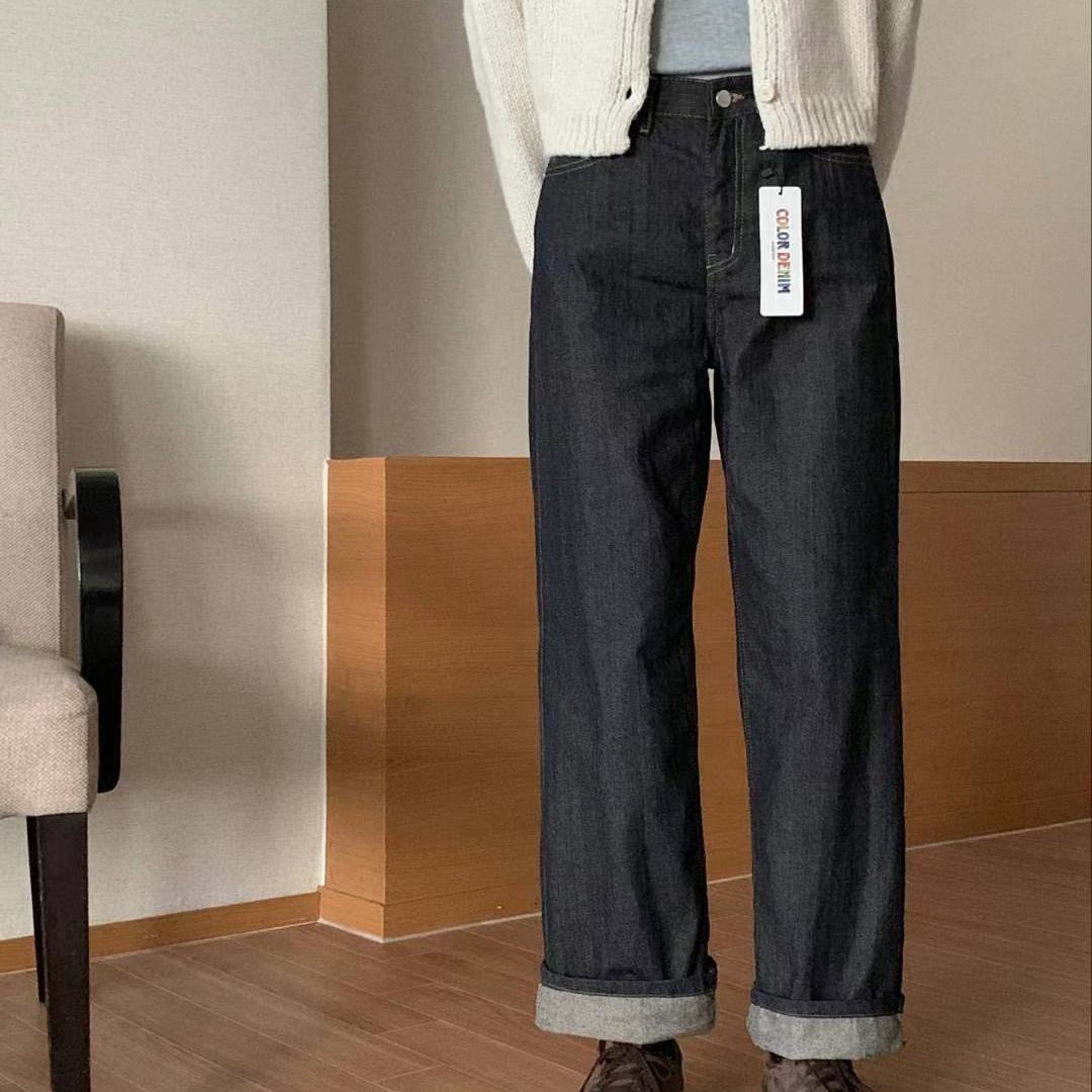 韩国东大门coreblue正品深蓝高腰宽松显瘦直筒裤女长款牛仔裤5025