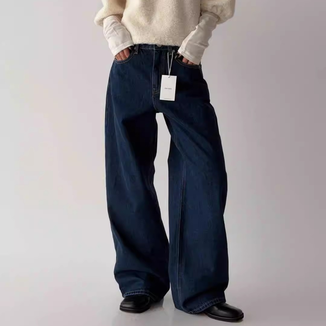 现韩国正品25冬加绒OH YEAH深蓝高腰显瘦直筒裤宽松百搭牛仔裤207