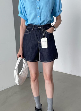 现韩国正品25夏OH YEAH高腰藏蓝色宽松直筒裤显瘦百搭牛仔短裤710