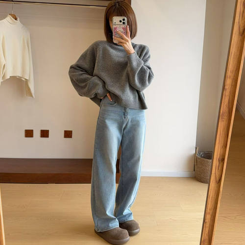 韩国正品25冬PAi加绒厚款高腰显瘦弹力直筒裤长款窄版牛仔裤2098