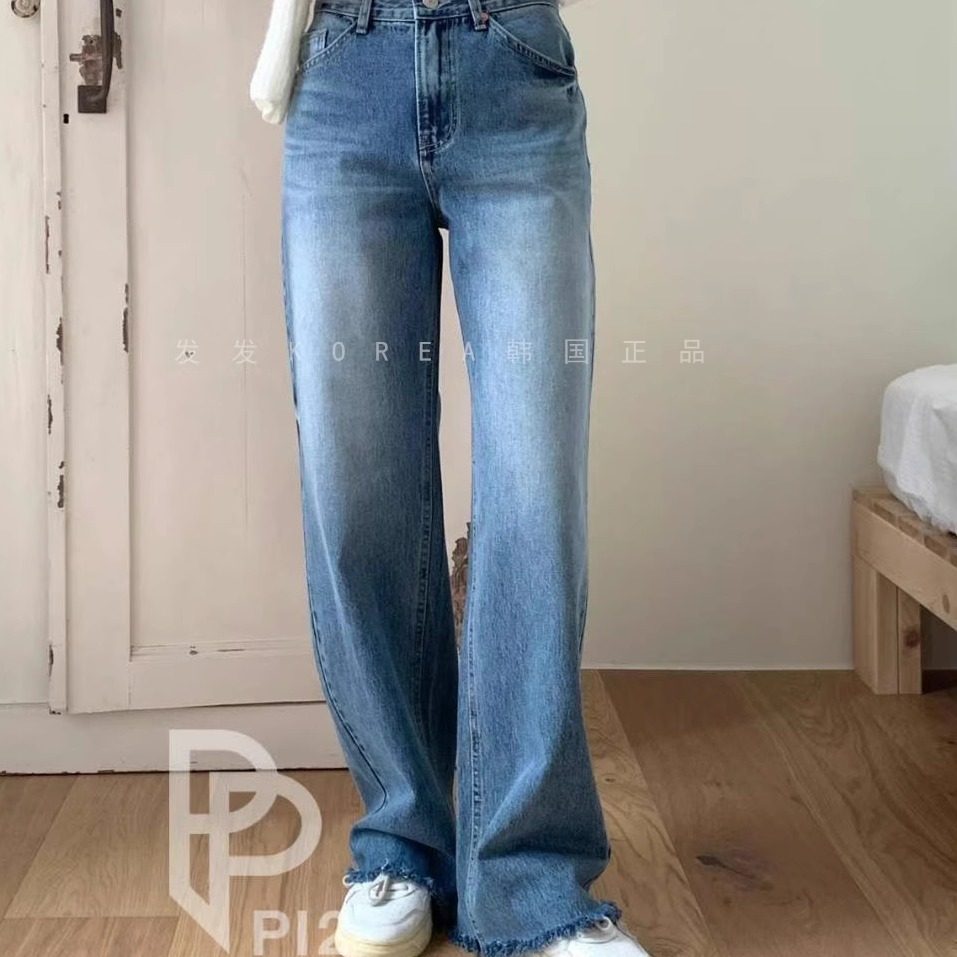 现货韩国东大门PI2高腰显瘦直筒裤百搭复古毛边拖地牛仔长裤女604