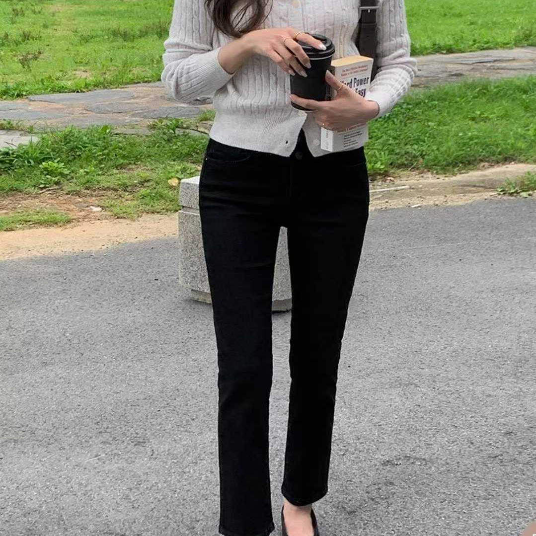 韩国东大门PI2正品松紧高腰显瘦直筒牛仔裤女两粒扣弹力小黑裤154