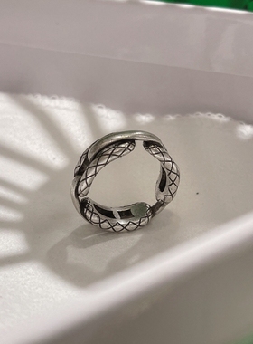 欧美银色复古简约个性时尚做旧菱格纹戒指小众设计日常百搭指环女