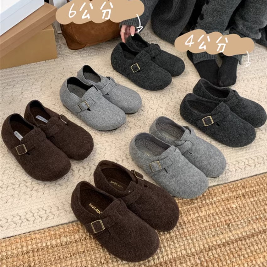 复古毛呢加绒保暖一脚蹬毛毛鞋