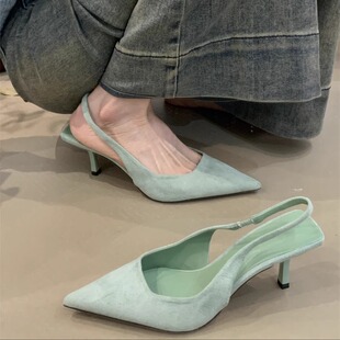 小众高跟鞋 单鞋 女2025春季 气质名媛绒面尖头细跟包头凉鞋 新款 法式