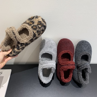 灰色玛丽珍毛毛鞋女外穿韩棉鞋