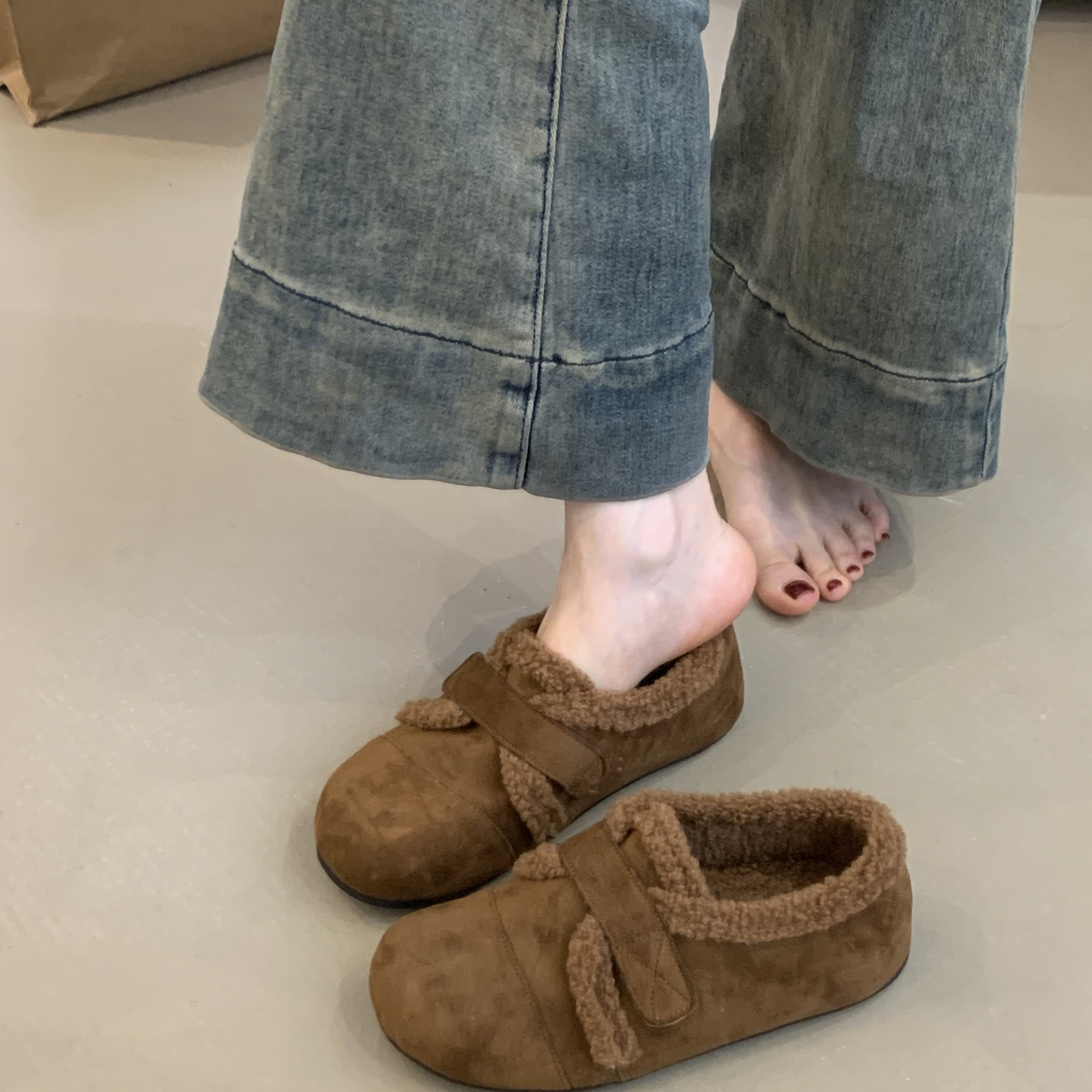 绒面羊羔毛魔术贴保暖一脚蹬棉鞋