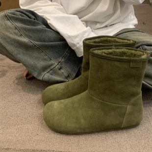 牛皮版 日系文艺森女复古磨砂真皮咸菜绿两穿法保暖加绒勃肯棉靴