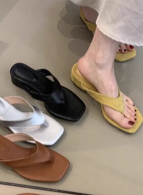 气质简约夹趾高跟粗跟凉鞋女