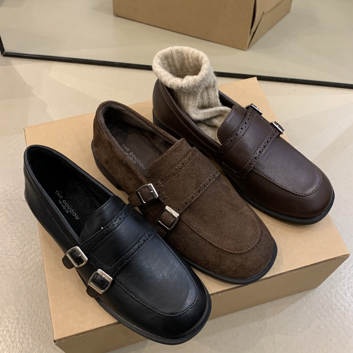 复古英伦风搭扣保暖一脚蹬乐福鞋